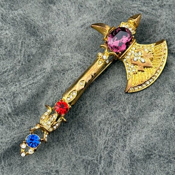 Hatchet Axe Brooch Pendant Vintage Unmarked Gold-tone Metal Rhinestone 3.25" H - Picture 4 of 11